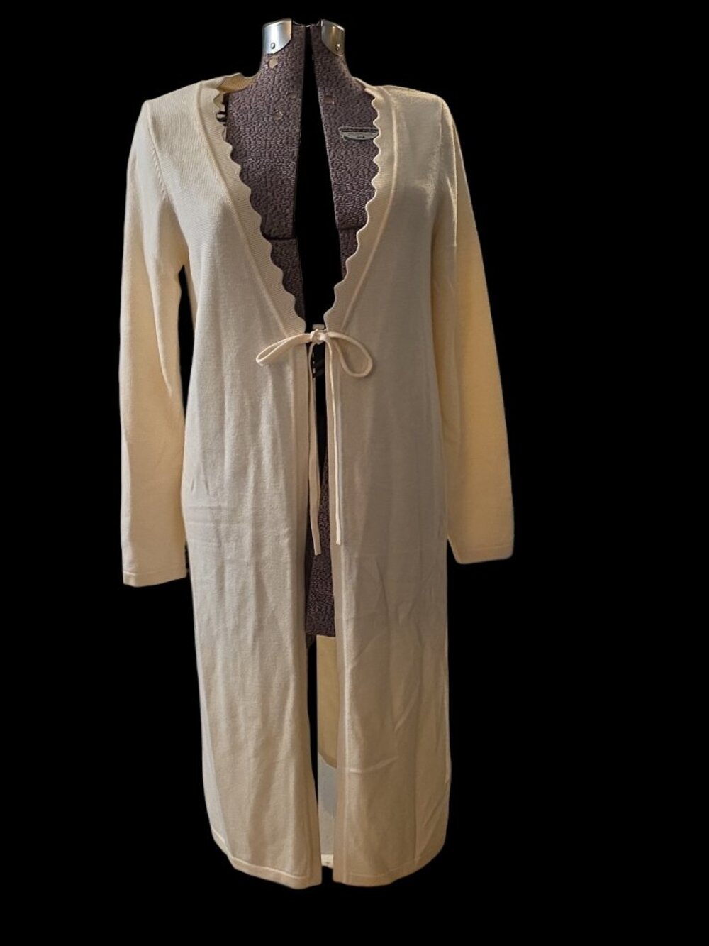 Elie Tahari 100% Merino Wool Scalloped Tie Front Long Knit Sweater Coat Unlined